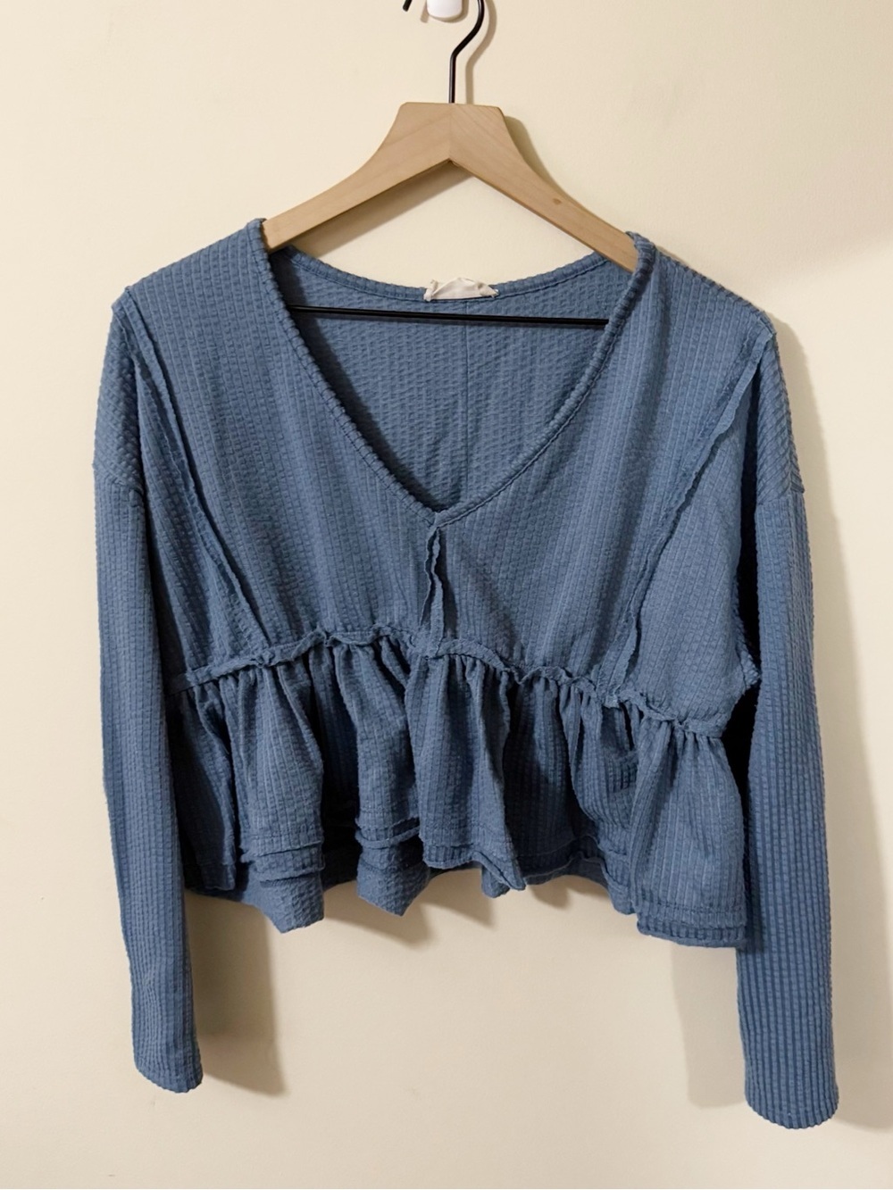 Altar'd State Womens Blue Ruffle Cropped Shirt Size Small Summer